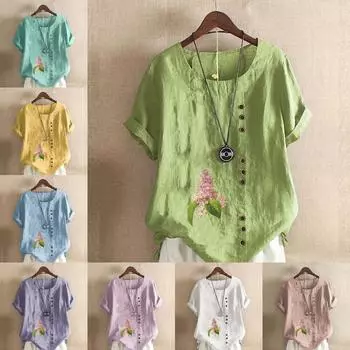 Женская мода с принтом в виде синей звезды и цветка, футболка с коротким рукавом, свободная хлопковая рубашка, повседневная свободная летняя блузка, топы больших размеров S розовый