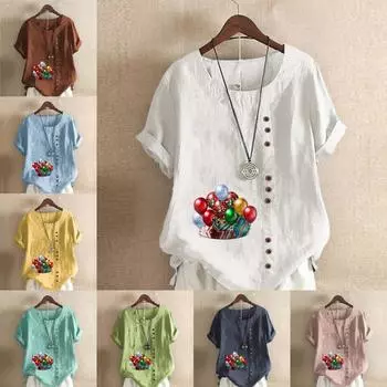 Женская мода с принтом воздушных шаров, круглым вырезом, коротким рукавом, футболка, повседневная, хлопковая, льняная, с рисунком, свободная, летняя блузка, топы S розовый