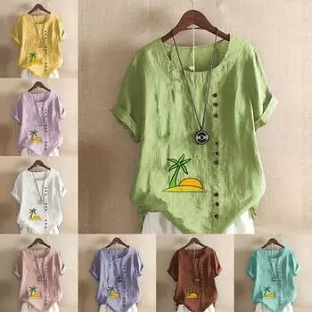 Женская мода с принтом «Заходящее солнце» с коротким рукавом, свободная хлопковая рубашка, повседневная свободная летняя блузка, топы больших размеров S розовый