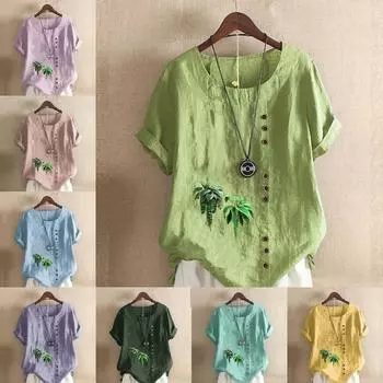 Женская мода с принтом зеленых растений, с круглым вырезом и коротким рукавом, повседневная хлопковая льняная рубашка с рисунком, свободная летняя блузка, топы S розовый