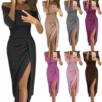 Женская мода с разрезом на бедрах и одним вырезом, блестящие платья, вечерние платья M