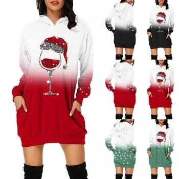 Женская мода с рождественским принтом и карманами с длинным рукавом, пуловер, платье L чёрный