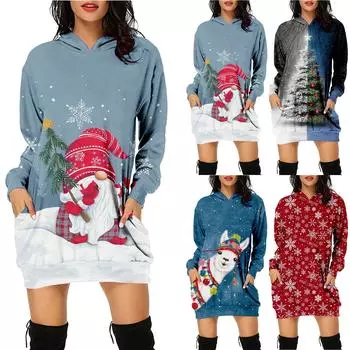 Женская мода с рождественским принтом и карманами с длинным рукавом, пуловер, платье M красный