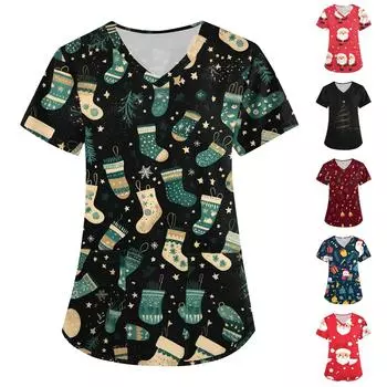 Женская мода с рождественским принтом и короткими рукавами с v-образным вырезом, маленькая рабочая футболка с карманами L золотой