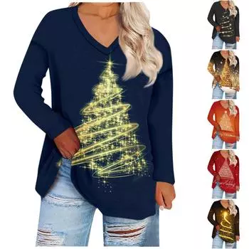 Женская мода с рождественским принтом и v-образным вырезом, большая повседневная футболка с длинными рукавами, топ XXL чёрный