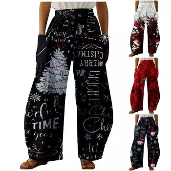 Женская мода с рождественским принтом повседневные свободные брюки плюс размер свободные брюки XXXL красный
