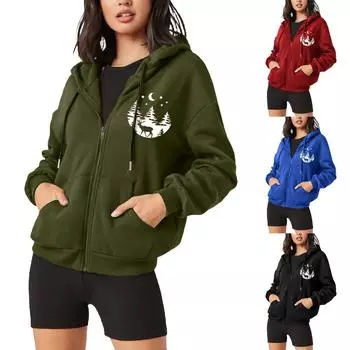 Женская мода с Рождеством однотонная застежка-молния на шнуровке повседневная толстовка с капюшоном и длинными рукавами пальто S чёрный