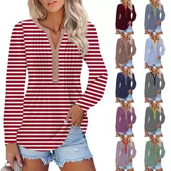 Женская мода с рукавами-фонариками, плиссированной V-образной горловиной, полосатой набивной футболкой, туникой, топом L армия зеленый