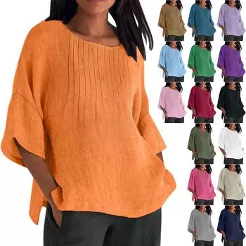 Женская мода с рукавами-семью, плиссированная, с круглым вырезом, однотонная свободная повседневная рубашка M