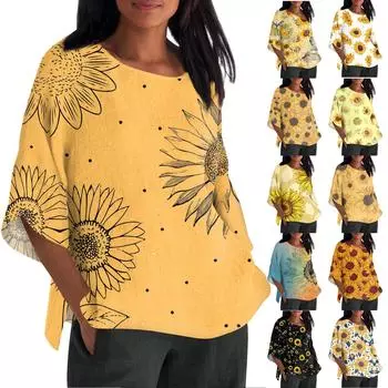 Женская мода с рукавом семь четвертей и круглым вырезом с принтом, свободные повседневные рубашки-топы XXXL