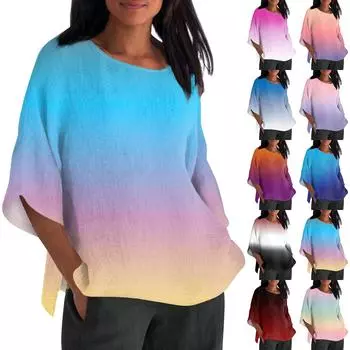 Женская мода с рукавом семь четвертей и круглым вырезом с принтом, свободные повседневные рубашки-топы L синий