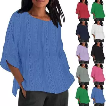 Женская мода с рукавом семь четвертей и круглым вырезом, однотонные свободные повседневные рубашки-топы L