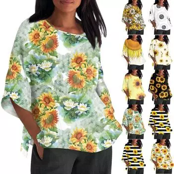 Женская мода с рукавом семь четвертей и круглым вырезом с принтом, свободные повседневные рубашки-топы L бежевый