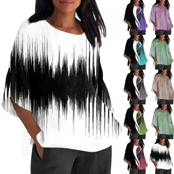 Женская мода с рукавом семь четвертей и круглым вырезом с принтом, свободные повседневные рубашки-топы L чёрный