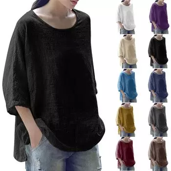 Женская мода с рукавом семь четвертей и круглым вырезом, однотонная свободная повседневная рубашка L винный