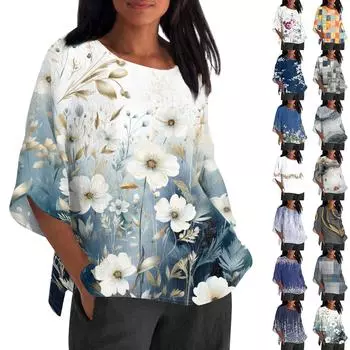 Женская мода с рукавом семь четвертей и круглым вырезом с принтом, свободные повседневные рубашки-топы XXXXL