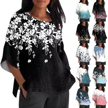 Женская мода с рукавом семь четвертей и круглым вырезом с принтом, свободные повседневные рубашки-топы L чёрный