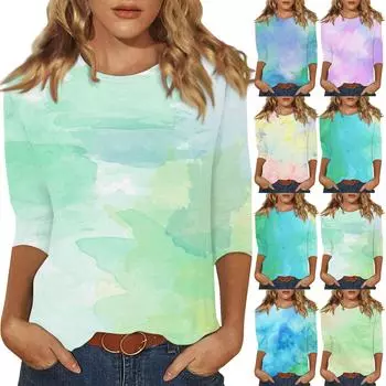 Женская мода с рукавом три четверти и круглым вырезом, свободная повседневная рубашка с акварельным принтом, топ L бежевый
