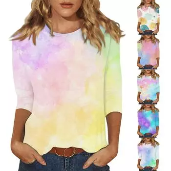 Женская мода с рукавом три четверти и круглым вырезом, акварельный градиентный принт, свободная повседневная рубашка-топ L бежевый