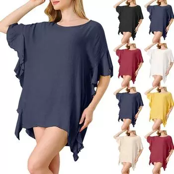 Женская мода с рюшами и рукавами, сплошной цвет, свободные повседневные платья с круглым вырезом One Size бежевый