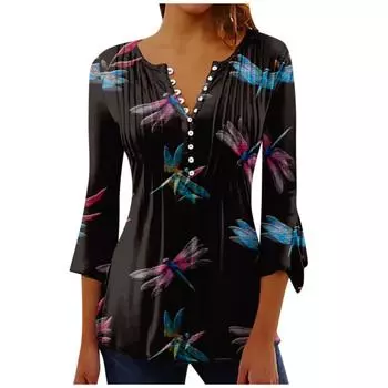 Женская мода с седьмым рукавом с цветочным принтом и v-образным вырезом с коротким рукавом на пуговицах футболка S зелёный