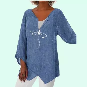 Женская мода с v-образным вырезом 3/4 и длинным рукавом, женский тонкий топ с принтом, пуловер больших размеров, свободные блузки S белый