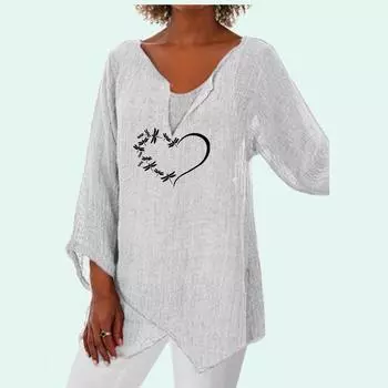 Женская мода с v-образным вырезом 3/4 и длинным рукавом, женский тонкий топ с принтом, пуловер больших размеров, свободные блузки S белый