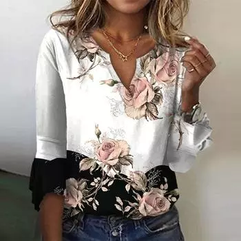 Женская мода с v-образным вырезом и принтом, рукава 3/4, футболка с принтом, тонкий топ, повседневные топы XL
