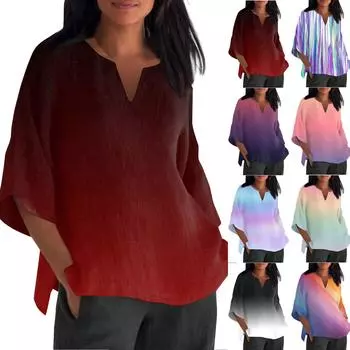 Женская мода с v-образным вырезом и градиентным принтом, свободная повседневная футболка с коротким рукавом, топ