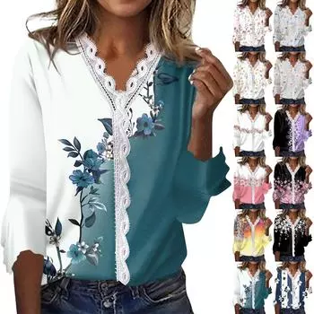 Женская мода с v-образным вырезом и кружевным принтом с лепестками и рукавами 3/4, повседневная футболка, топы для женщин L чёрный