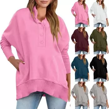 Женская мода с v-образным вырезом и пуговицами, однотонная толстовка с длинными рукавами и карманами, топ XL синий