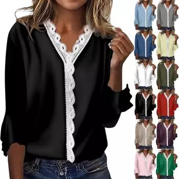 Женская мода с v-образным вырезом и кружевным принтом с лепестками и рукавами 3/4, повседневная футболка, топы для женщин L армия зеленый