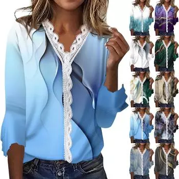 Женская мода с v-образным вырезом и кружевным принтом с лепестками и рукавами 3/4, повседневная футболка, топы для женщин L