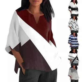 Женская мода с v-образным вырезом и принтом, свободная повседневная футболка с коротким рукавом, топ L чёрный