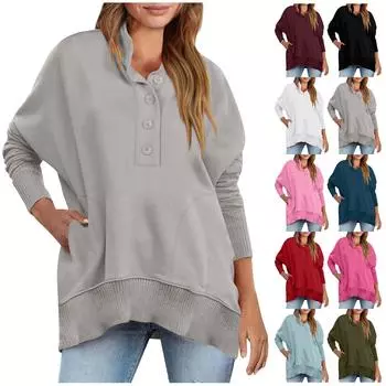 Женская мода с v-образным вырезом и пуговицами, однотонная толстовка с длинными рукавами и карманами, топ L