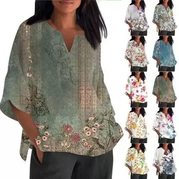 Женская мода с v-образным вырезом и цветочным принтом, свободная повседневная футболка с коротким рукавом, топ XXXL