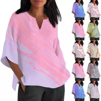 Женская мода с v-образным вырезом и принтом, свободная повседневная футболка с коротким рукавом, топ L бежевый