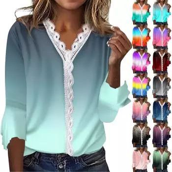 Женская мода с v-образным вырезом и кружевным принтом с лепестками и рукавами 3/4, повседневная футболка, топы для женщин L темно-фиолетового