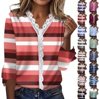 Женская мода с v-образным вырезом и кружевным принтом с лепестками и рукавами 3/4, повседневная футболка, топы для женщин L синий