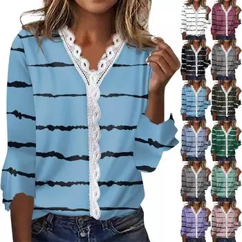 Женская мода с v-образным вырезом и кружевным принтом с лепестками и рукавами 3/4, повседневная футболка, топы для женщин L чёрный