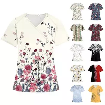 Женская мода с V-образным вырезом и принтом, короткий рукав, рабочая одежда с карманами L чёрный