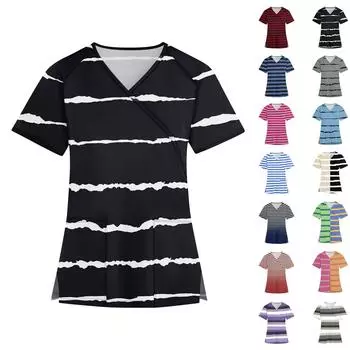 Женская мода с V-образным вырезом и принтом, короткий рукав, рабочая одежда с карманами L бежевый