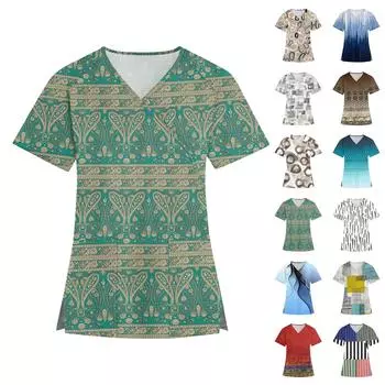 Женская мода с V-образным вырезом и принтом, короткий рукав, рабочая одежда с карманами L синий