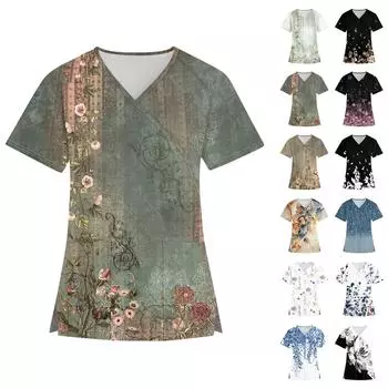 Женская мода с V-образным вырезом и принтом, короткий рукав, рабочая одежда с карманами L армия зеленый