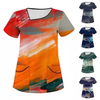 Женская мода с v-образным вырезом и принтом звезд, рабочая одежда с короткими рукавами и карманами, топы, защитная одежда L фиолетовый