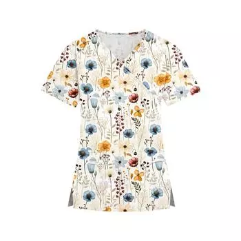 Женская мода с V-образным вырезом и принтом, короткий рукав, рабочая одежда с карманами XL синий