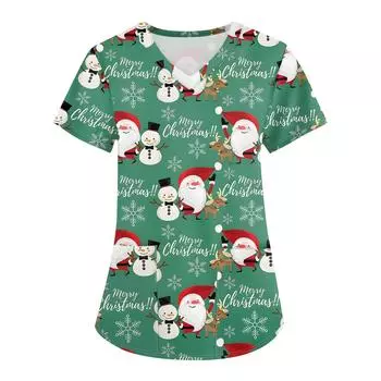 Женская мода с v-образным вырезом, короткими рукавами и карманами, топы с рождественским принтом XXL