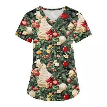 Женская мода с v-образным вырезом, короткими рукавами и карманами, топы с рождественским принтом L