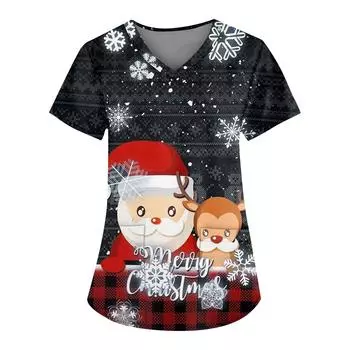 Женская мода с v-образным вырезом, короткими рукавами и карманами, топы с рождественским принтом L чёрный