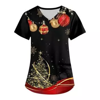 Женская мода с v-образным вырезом, короткими рукавами и карманами, топы с рождественским принтом L чёрный
